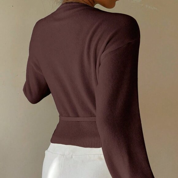 Chocolate Brown Casual Women's Wrap Tie Front Cardigan - Picture 3 of 7